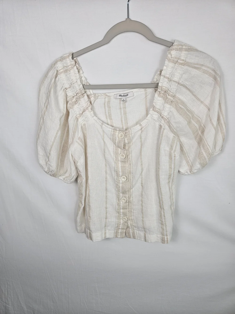 Madewell Cream and Tan Striped Puff Sleeve Button-Front Top